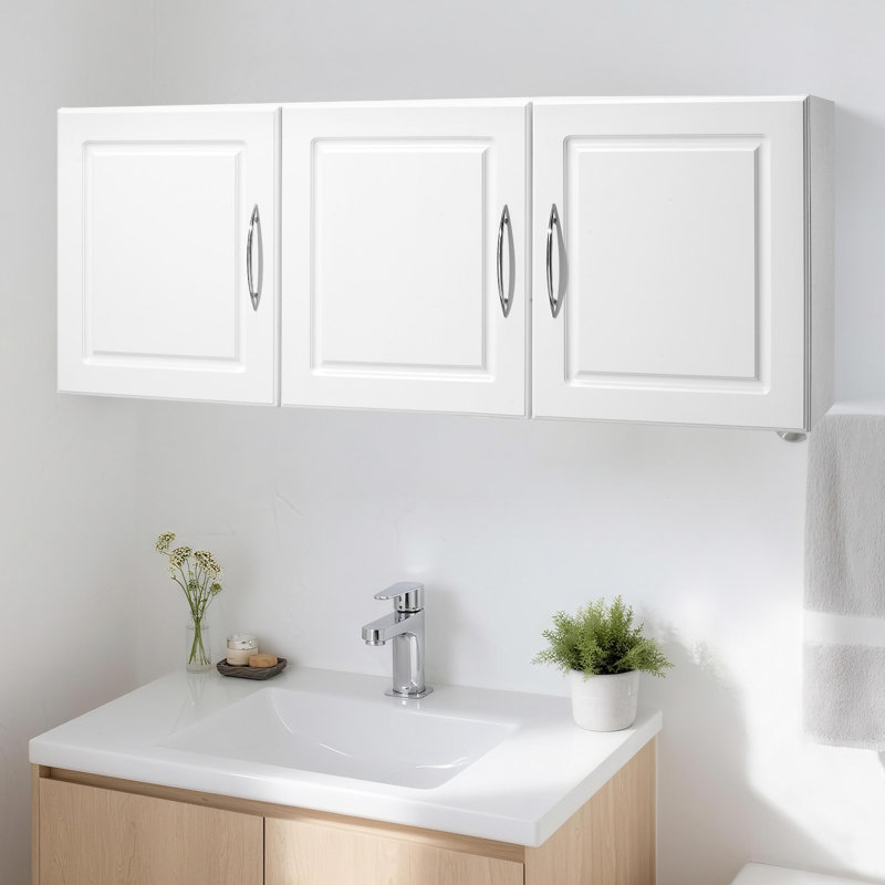 Laundry Room Wall Cabinet, 2-Tier Wall Mounted Hanging Cabinet with Adjustable Shelf, Cupboard Storage with 3 Doors, for Kitchen, Bathroom, Laundry, 12.44 x 54 x 20.31 in (D x W x H), White