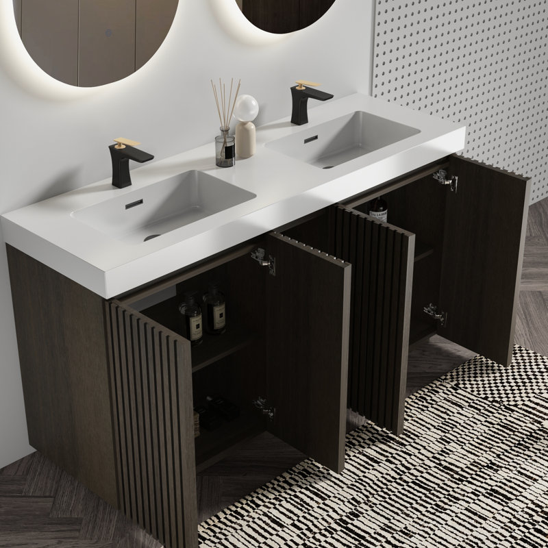 Chêne fumé, meuble-lavabo de salle de bain, lavabo blanc monobloc, étagère à quatre niveaux, et fonctionnel, grand lit en chêne Galan 60f, double porte pour rangement spacieux, charnières à fermeture en douceur de style contemporain
