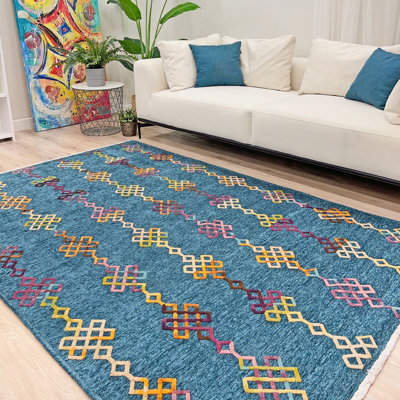 Alfa Rich Moroccan Blue Washable Cotton Area Rugs for Living Room Bedroom Kitchen Dining Rug