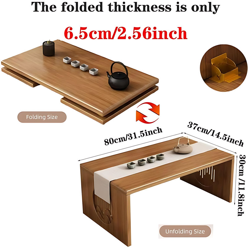 Solid Wood Folding Floor Table - Portable Japanese Style Coffee Table For Meditation, Tea Ceremony, And Small Space Living, No Assembly Required