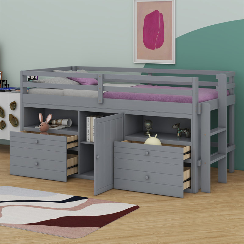 Lit mezzanine avec tiroirs, sous l'armoire et les tablettes, Gris