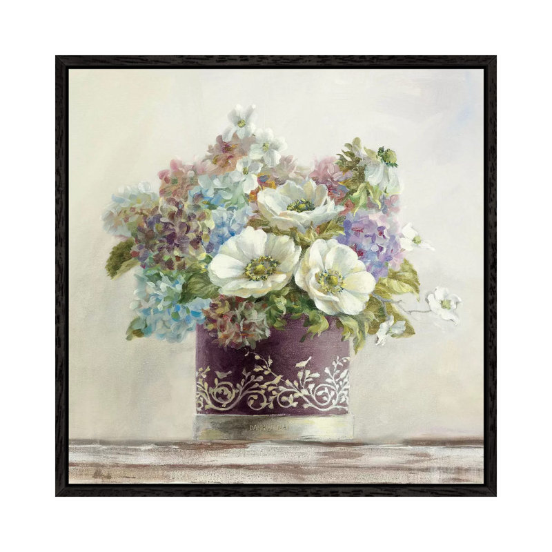 Anemones In Aubergine Hatbox by Danhui Nai - Print on Canvas, 66.04 cm H x 66.04 cm W, Black Framed