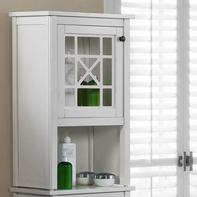 Hembree Derby Deluxe Bath Storage Hutch, 17 in. W x 29 in. H, White, Tempered Glass Door, Wood Construction, Secure Display Shelf, Ideal for Toiletries and Bathroom Essentials