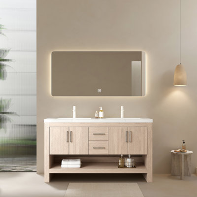 Bathroom Vanity 60", 2 Sinks, Acrylic Integrated Basin, Plywood Cabinet, Oak, 4 Doors, Drawers, Pre-Assembled, Sweetly High-Performance Storage Open Shelf, White + Easy Setup Instructions