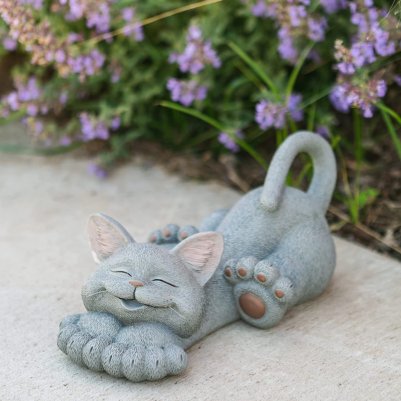Statue de jardin chat fantaisiste et souriant, Gris