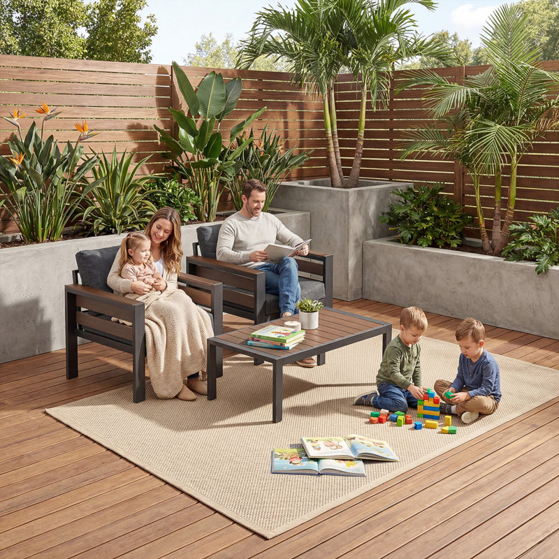 3-Piece Outdoor Chair Set with Coffee Table, 2 Single Armchairs, Wood-Grain WPC Armrests, Thick Cushions, Aluminum Frame Patio Set, Dark Gray
