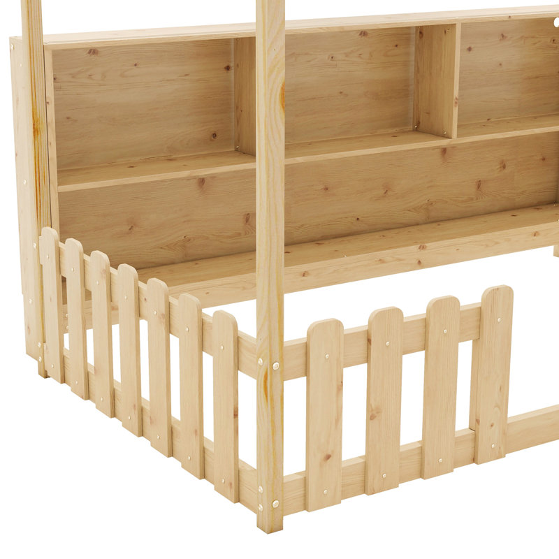 Lit simple avec toit et options de rangement - Barrières de sécurité de taille naturelle Creative Living, Naturel