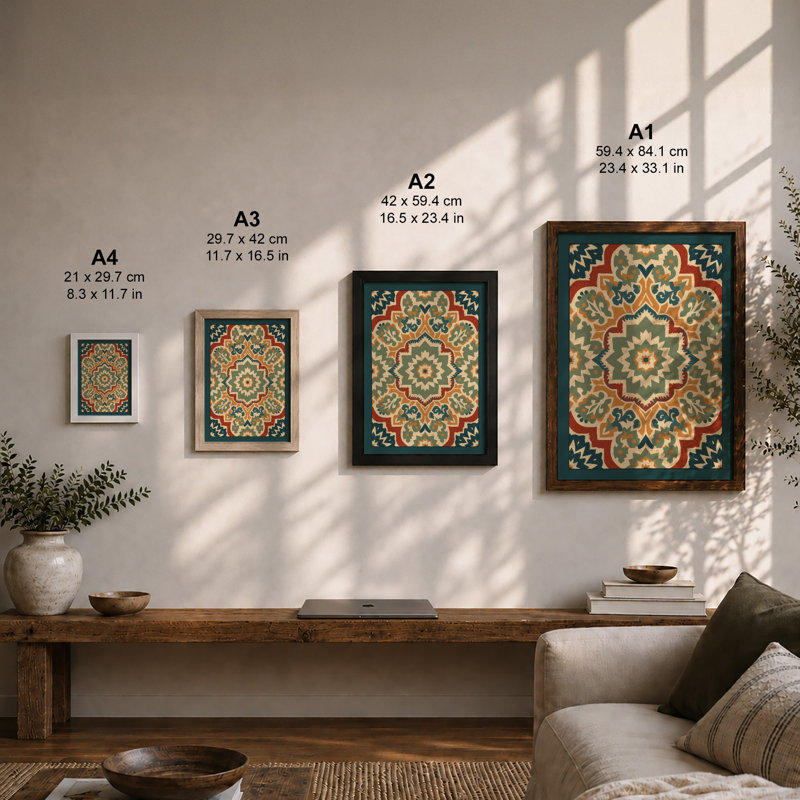 Mandala Star Geometric - Framed Print, A4 - 29.7 x 21.0 cm, Walnut