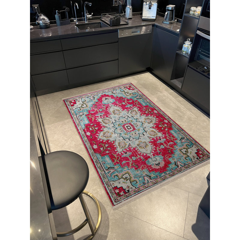 Tapis décoratif rétro à motif traditionnel turquoise et rose, Tapis de couloir 3 pi 3,37 po x 6 pi 6,74 po