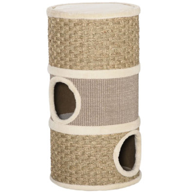 Cat With Two Connected Rooms, Seaweed Scratching Pad, Soft Lining, Particleboard Construction, 27.5" High, Under 9 Lbs Cats Indoor Tower Three Areas, Pads, Fabric Inside, Frame, Height