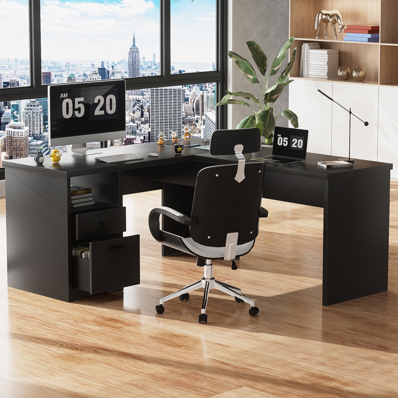 Deyra 56'' W L-Shaped Desk Lift Top Design, Black