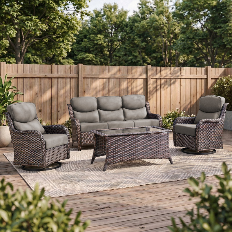 4-Pieces Outdoor Wicker Patio Sofa Set With Coffee Table And Swivel Chairs, Gray Cushion/Brown Frame