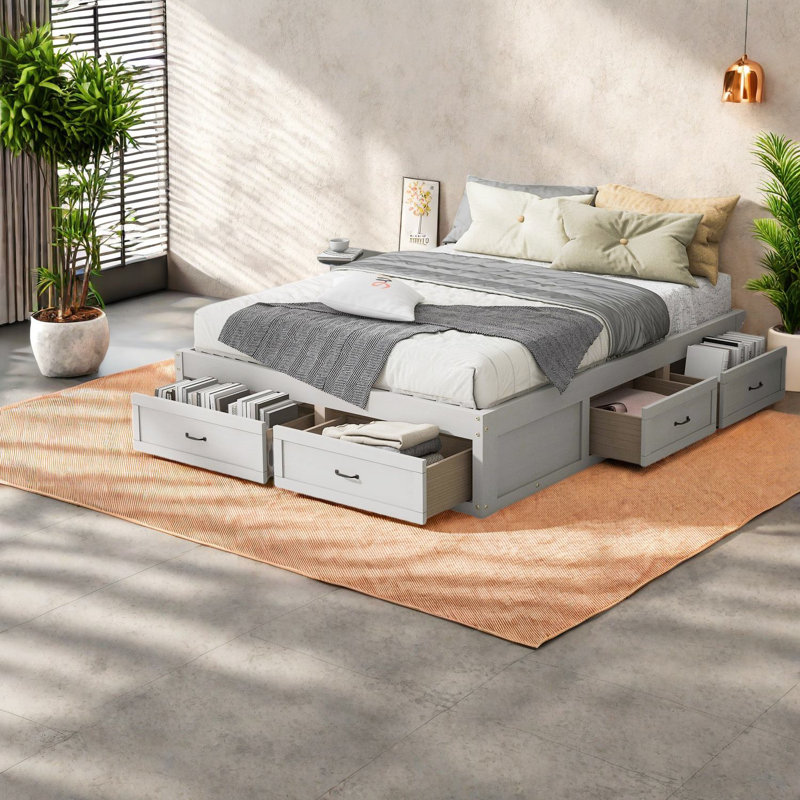 Spacious Modern Platform Bed With Storage, Mdf Frame, Antique White