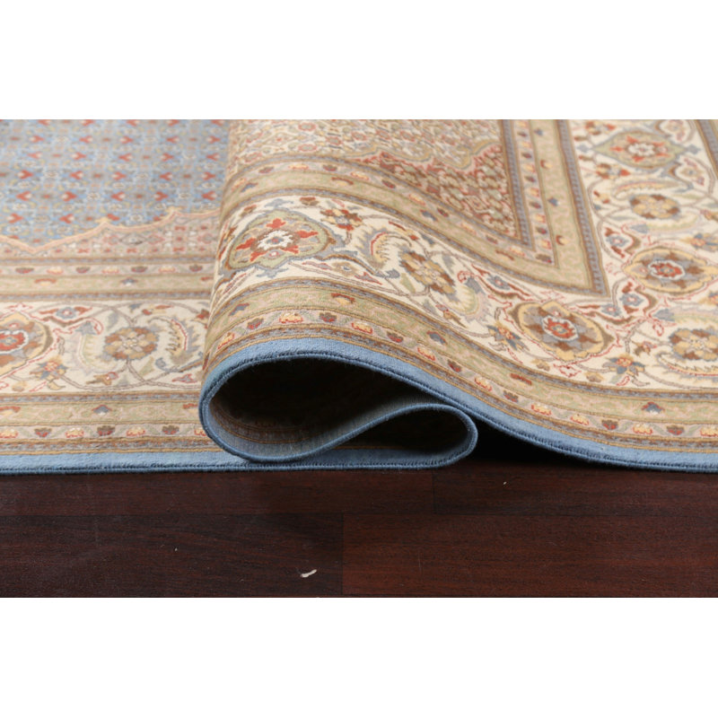Tapis bleu noué à la main de conception unique 9 pi 1 po x 12 pi 8 po Lunasha