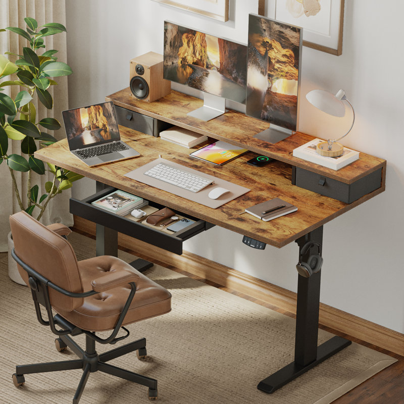 Electric Height Adjustable Desk with Storage Shelf,Standing Desk with 3 Drawers for Home Office, Rustic Brown/Black