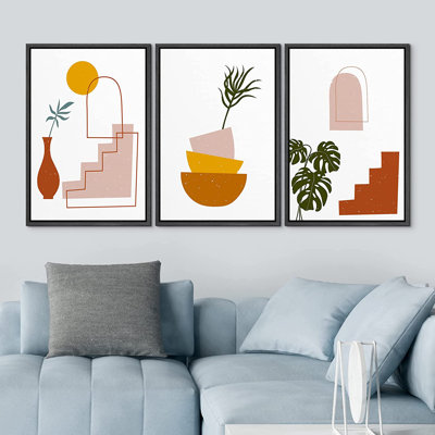 Cadre flottant style Mid-Century, 3 pièces, impression sur toile