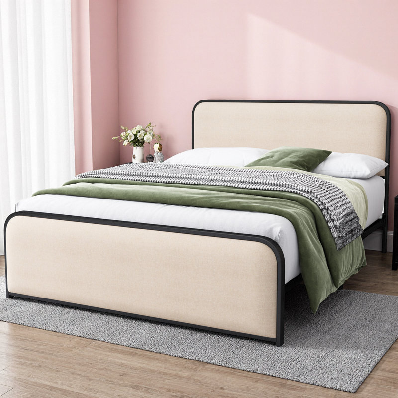 Lit plateforme tapissier, Grand lit, Beige/noir, Non