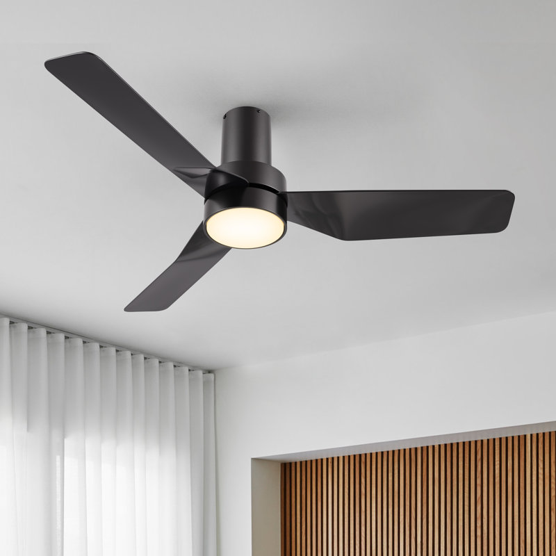 44"  DC Motor 3 - Blade LED Flush Mount Ceiling Fan with Remote Control and Light Kit Included, Black