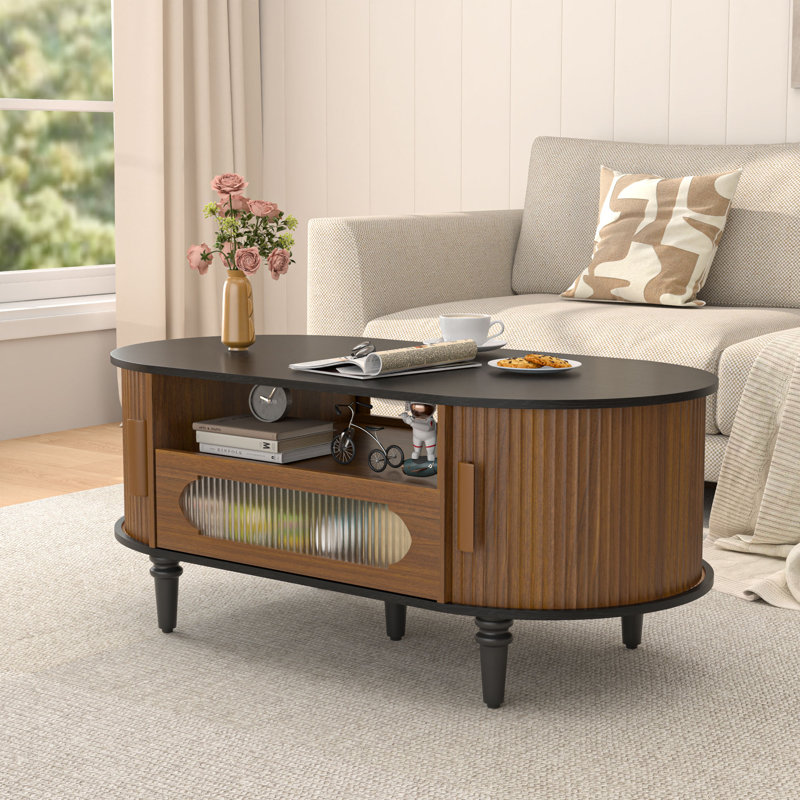 Fluted Coffee Table With Storage, Oval Coffee Table With Sliding Door And Drawer, Black
