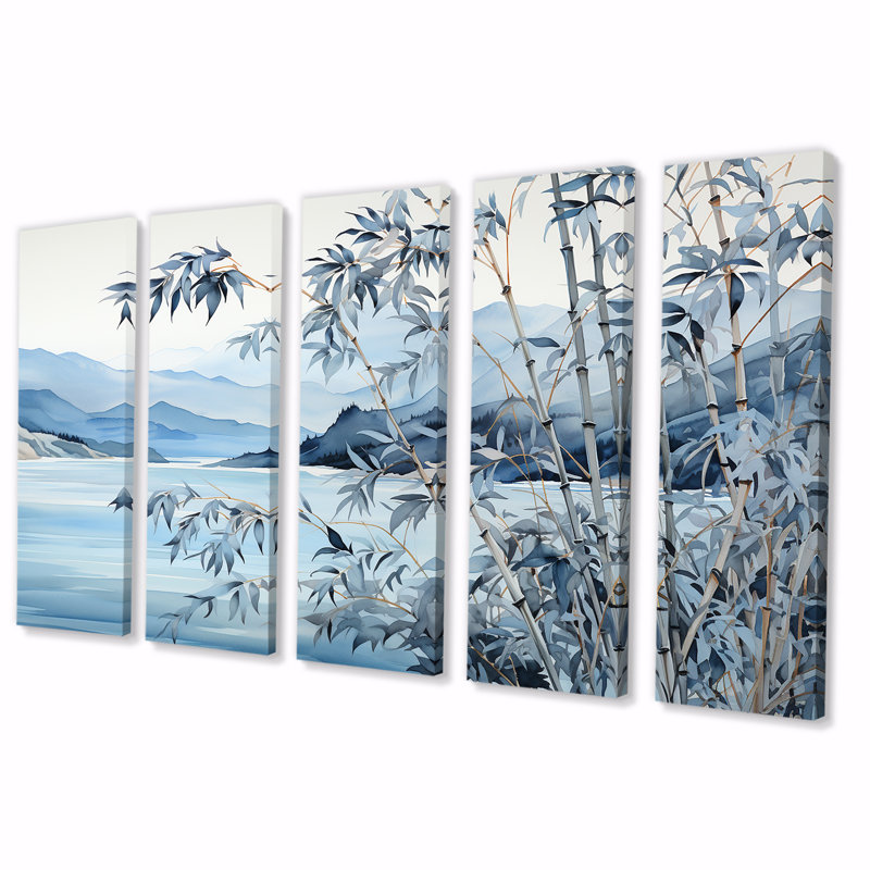 «Blue Bamboo Tranquility I - China Art», art mural 5 pièces, H 32 po x l 80 po