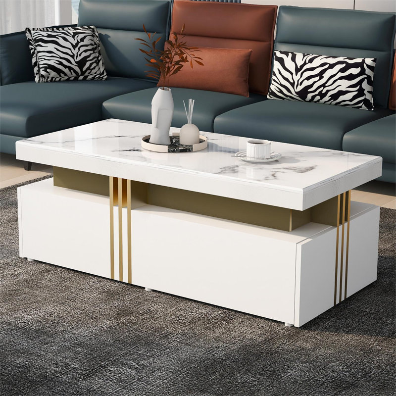 MDF Coffee Table With PVC Pattern Top 2 Drawers 100*50*40Cm, White/Gold