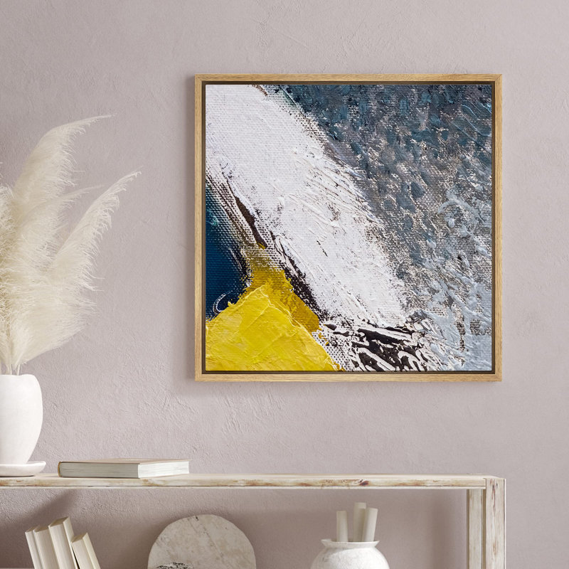 Traces de peinture texturées jaunes, bleues et blanches - Impression sur toile flottante, Encadré naturel