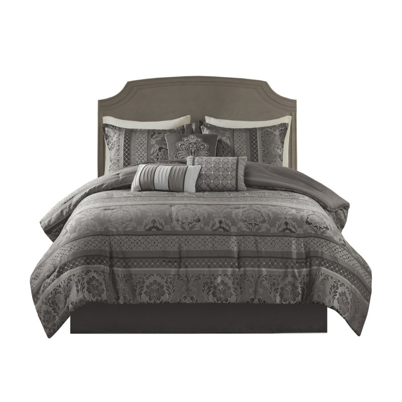Ensemble d'édredon 7 pièces jacquard gris très grand, Édredon de très grande taille et 6 pièces suppl, Gris