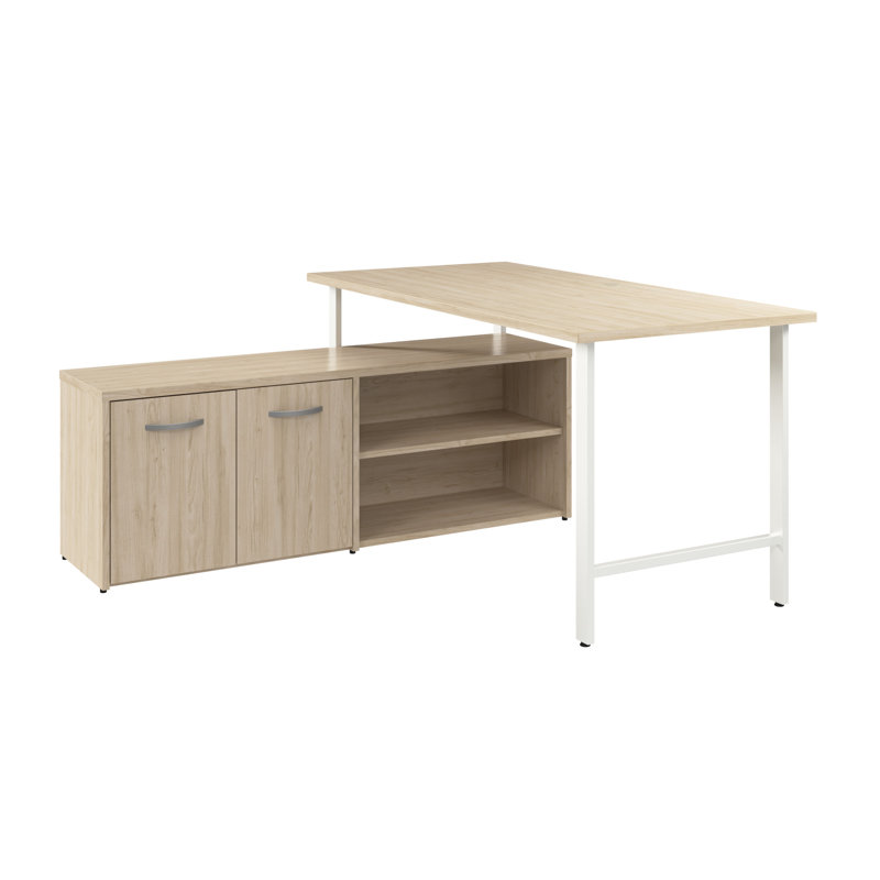 Bureau d'ordinateur et armoire de rangement basse avec portes et tablettes Bush, Naturel