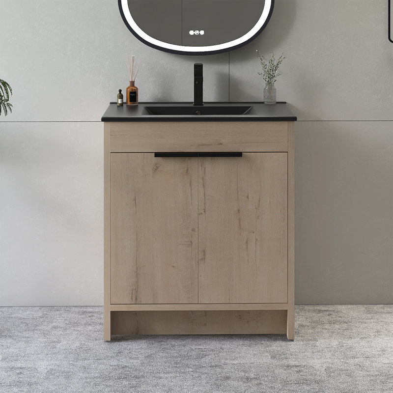 Meuble-lavabo sur pied 30 po avec lavabo en céramique, Noir, noir, noir, noir