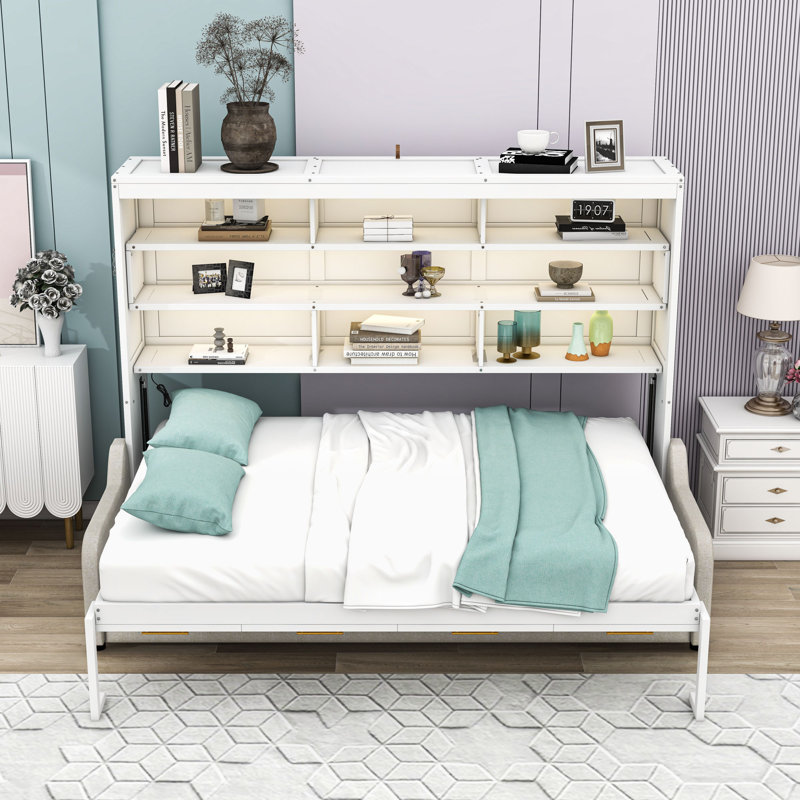 Lit escamotable avec canapé Murphy, tablettes de rangement intégrées et éclairage DEL, Grand lit