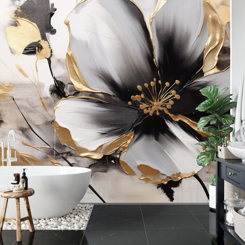 Papier peint floral noir et blanc, L 96 po x l 108 po