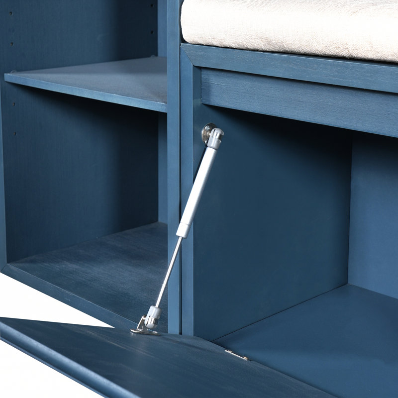 Banc de rangement tout-en-un avec coussin, compartiments, tiroirs et tablettes ouvertes, banc de rangement pour couloir, vestibule, salon