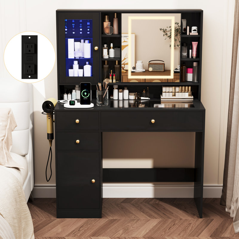 Bureau de coiffeuse avec miroir et lumière, Noir, noir, noir, noir