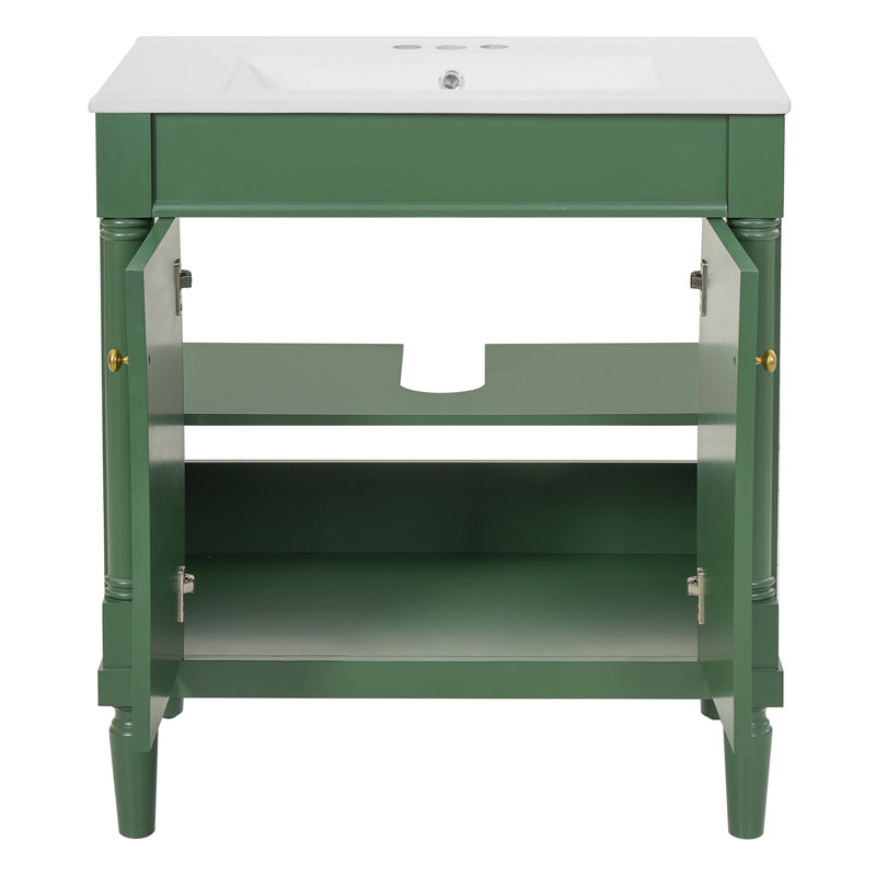 Meuble-lavabo de salle de bain avec lavabo en céramique, portes à fermeture douce et pieds en bois, Green