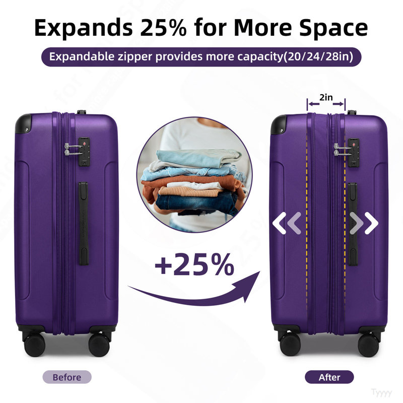 Ensemble de 6 valises avec sacs de voyage, valises rigides extensibles avec roulettes, verrou TSA, mauve