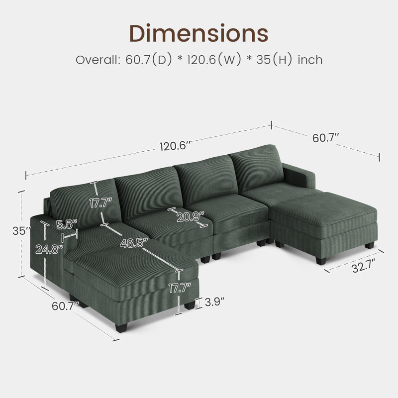 Anureet U-Shaped Modular Storage Sectional Sofa Reversible Couch, Green Corduroy, 35" H x 120.6" W x 60.7" D