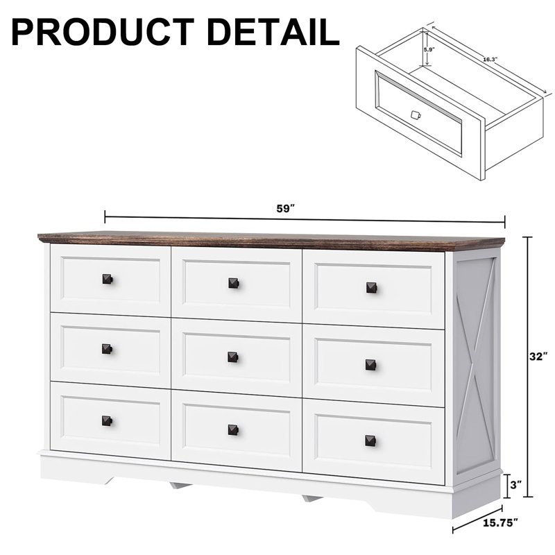 9 Drawer 59'' W Double Dresser for Bedroom,Living Room,Office, White