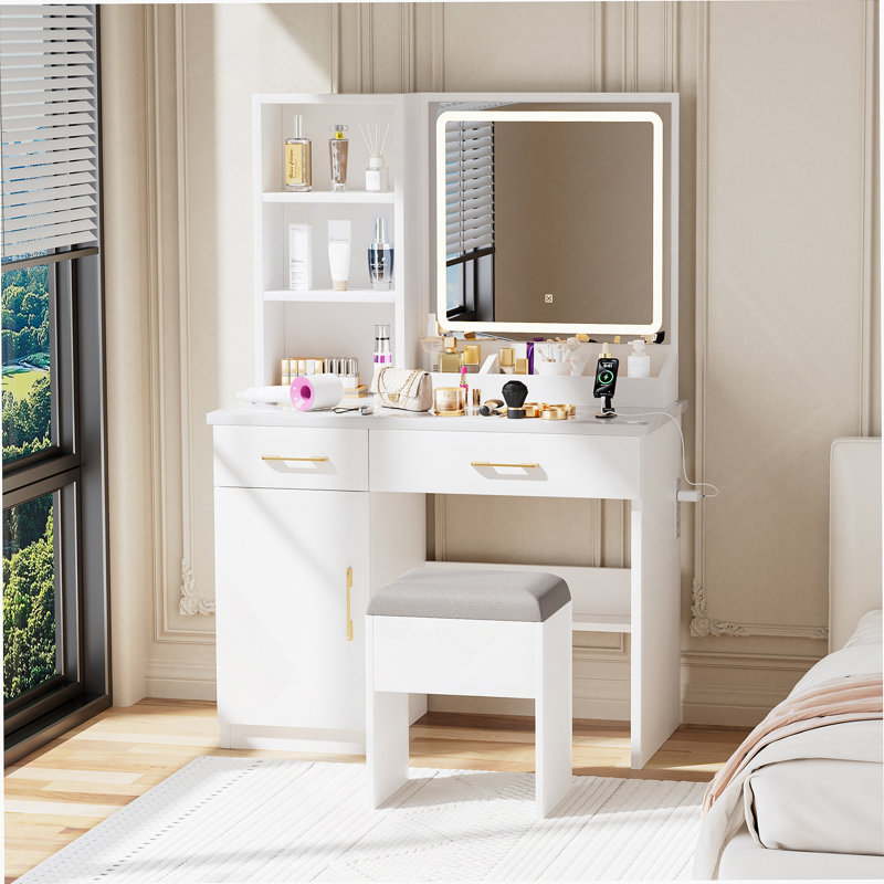 Meuble-lavabo fonctionnel avec miroir réglable, plusieurs modes d'éclairage et beaucoup de rangement, idéal pour l'organisation de la chambre à coucher et le maquillage.