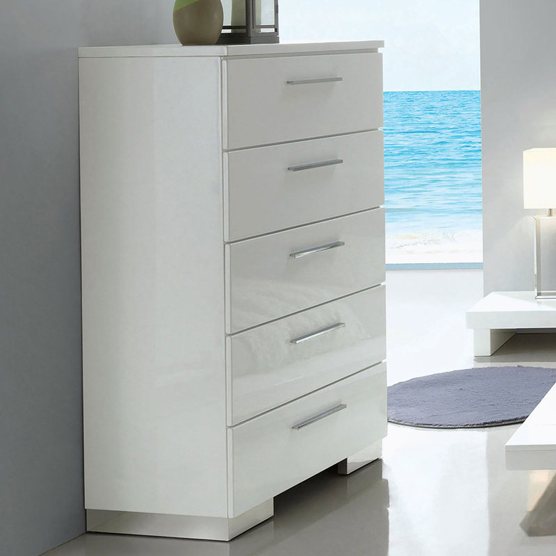 Commode 1 pièce moderne de style contemporain à finition brillante à cinq tiroirs avec finition blanche
