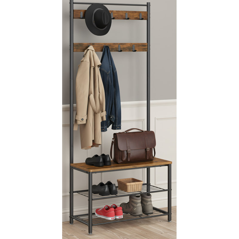Steel Frame 3-In-1 Entryway Tree/Clothes Rack + Shoe Cabinet + Bench. Industrial Retro Style In Brown And Black. Dimensions: 12.5 X 27.7 X 68.8 Inches.