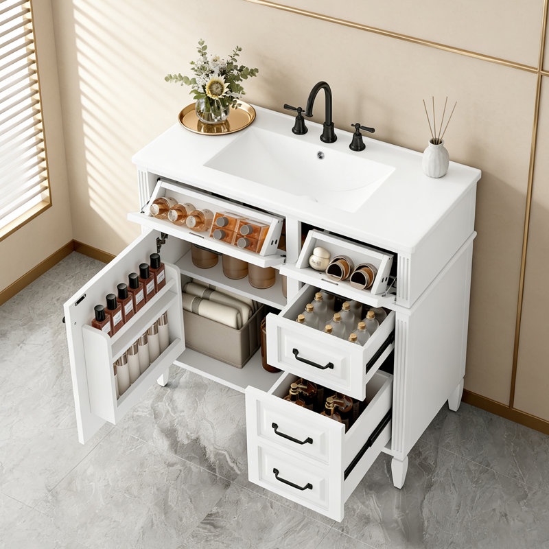 36" Freestanding Bathroom Vanity - Ceramic Sink Top,Solid Wood Frame & Mdf Cabinet With Flip Drawer Design, Black, White