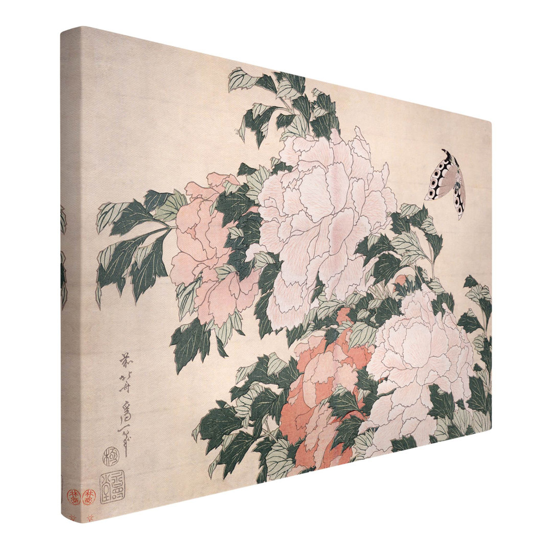 Leinwandbild Rosa Pfingstrosen mit Schmetterling von Katsushika Hokusai