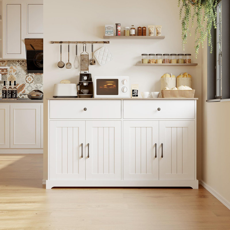Armoire de rangement à buffet 56 "de large, armoire de rangement de style campagnard avec tablette réglable, tiroirs et portes de grange, table basse de bar en bois pour le vestibule du salon