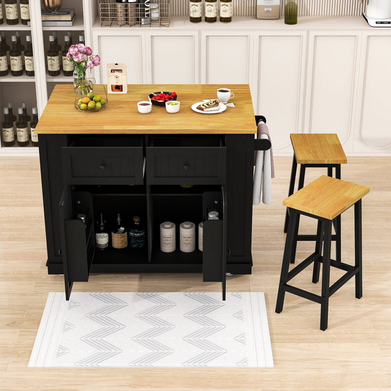 Îlot de cuisine avec 2 tabourets de bar, prise de courant, support de rangement et 2 tiroirs, Noir