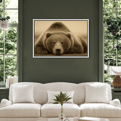 Sleeping Brown Bear Sepia Wildlife Rustic Lodge Decor – Pictures Framed Canvas Print Wall Art
