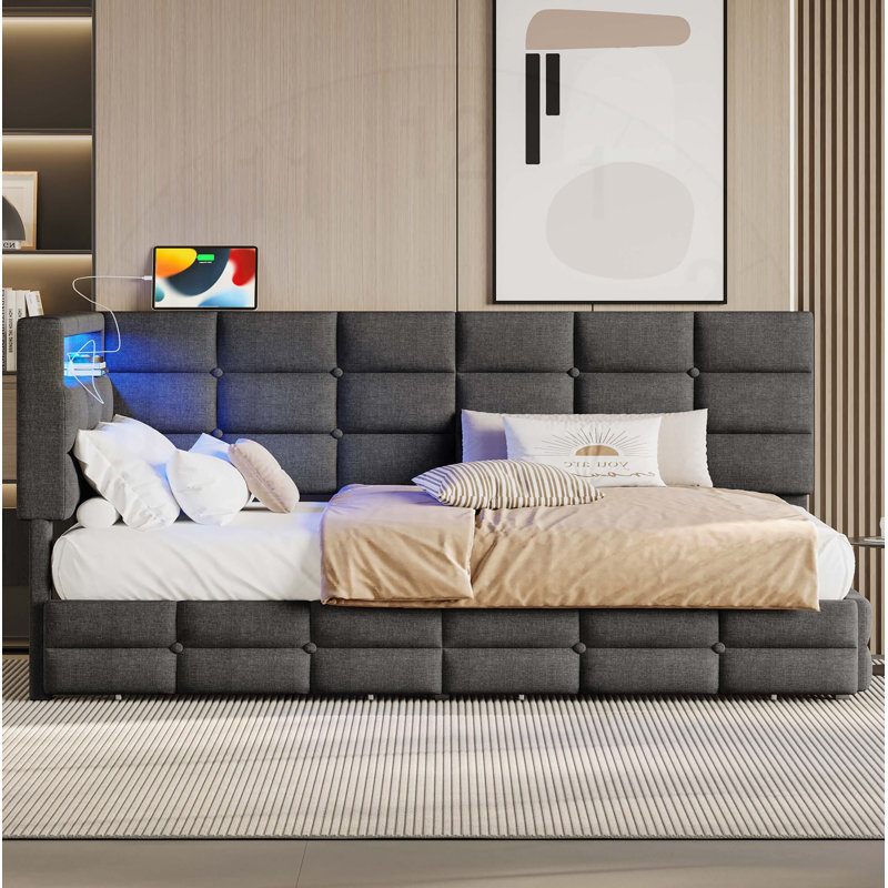 Upholstered Twin Size Daybed with Storage, Charging Station, and LED Lights, , No Box-Spring Needed, Gray