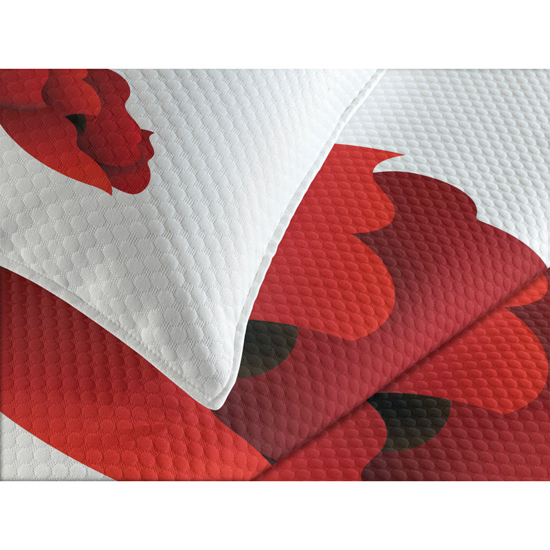 King Size Red Floral Polyester Bedspread Set