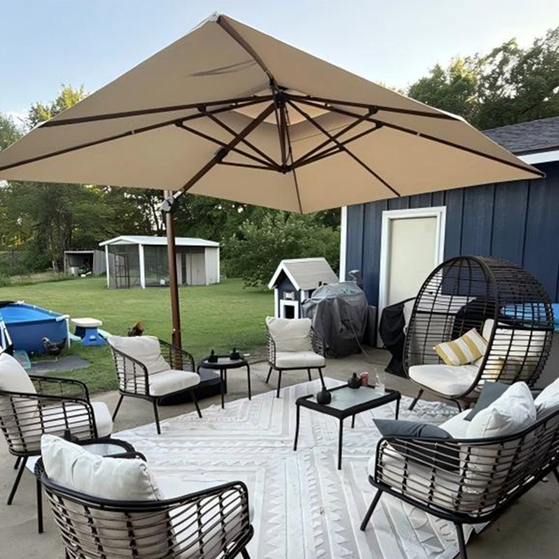 Parasol en porte-à-faux rectangulaire en bois avec base à roulettes 156 "x 120", beige, Beige