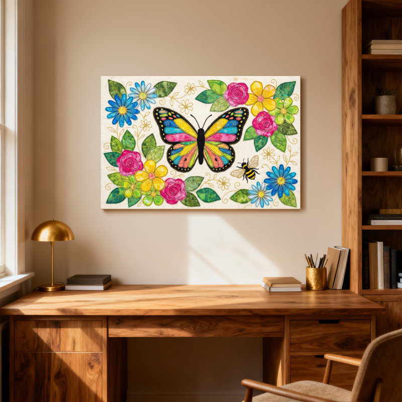 Animaux, papillon, fleurs, feuilles, abeille, motif, art, H 12 po x l 18 po