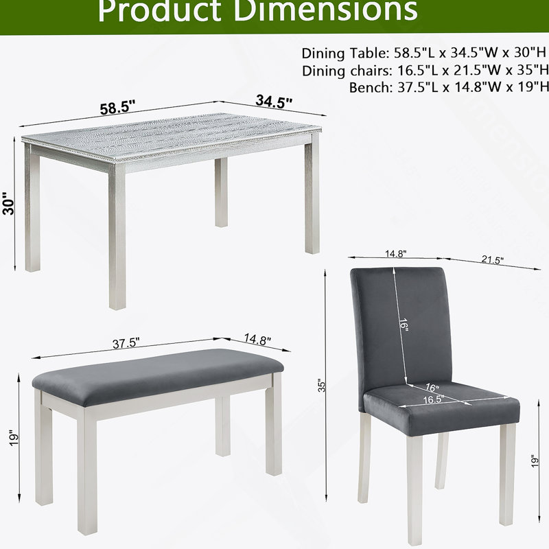 Ensemble de table de salle à manger 6 pièces en bois avec chaises rembourrées et banc, idéal pour les dîners de famille et les rassemblements formels, avec décoration en cristal